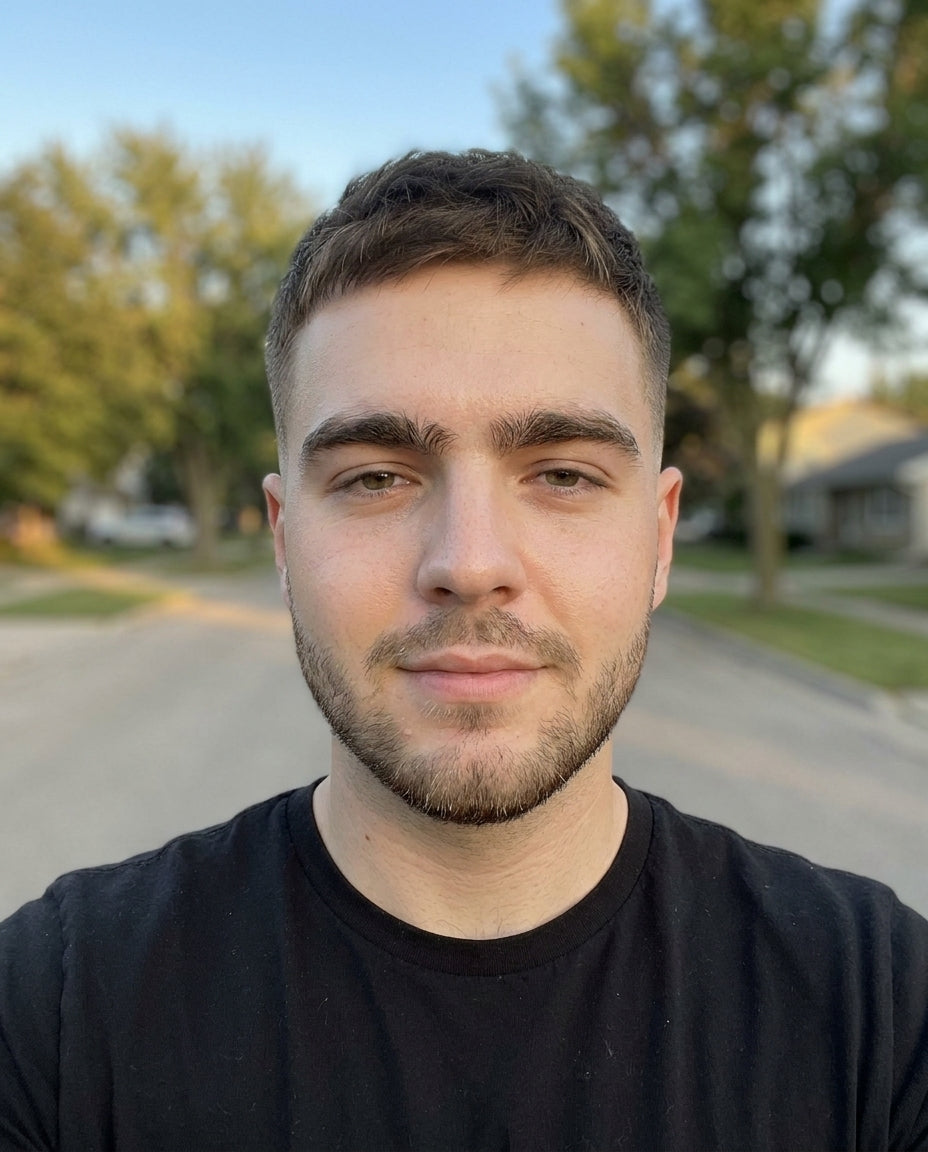 After illustration: fade haircut, sharp beard line, clear skin